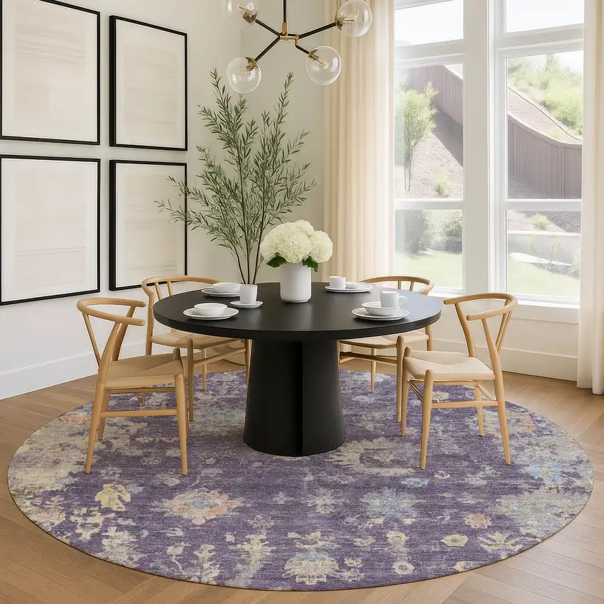 8' Plum Beige And Gray Round Floral Washable Indoor Outdoor Area Rug Photo 9