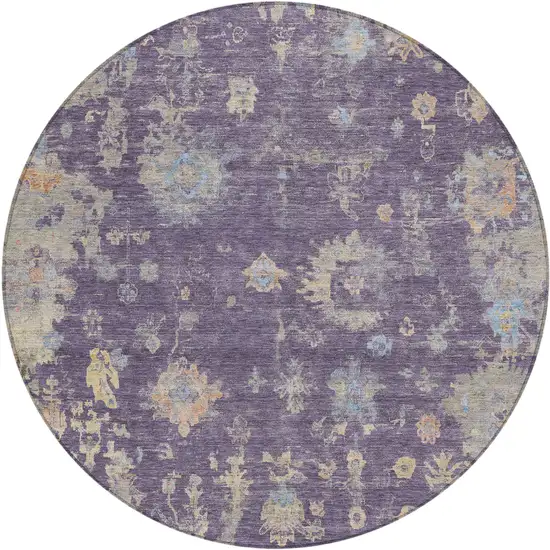 8' Plum Beige And Gray Round Floral Washable Indoor Outdoor Area Rug Photo 2