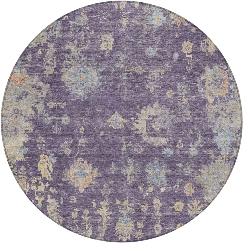 8' Plum Beige And Gray Round Floral Washable Indoor Outdoor Area Rug Photo 2