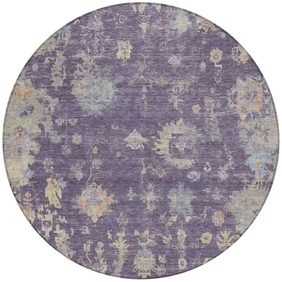 8' Plum Beige And Gray Round Floral Washable Indoor Outdoor Area Rug Photo 4