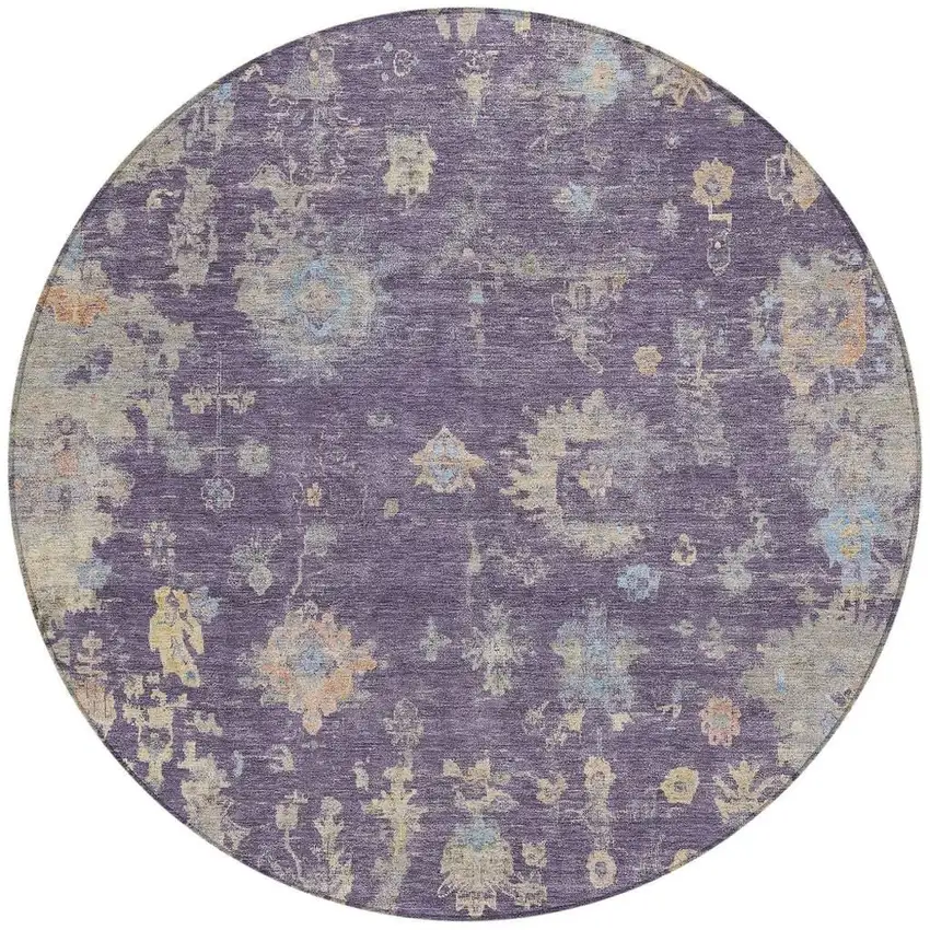 8' Plum Beige And Gray Round Floral Washable Indoor Outdoor Area Rug Photo 4