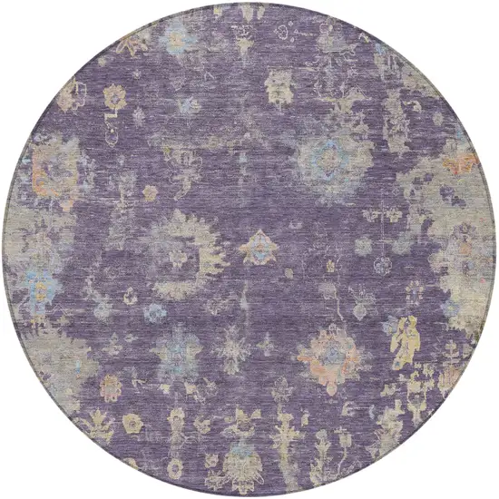 8' Plum Beige And Gray Round Floral Washable Indoor Outdoor Area Rug Photo 5