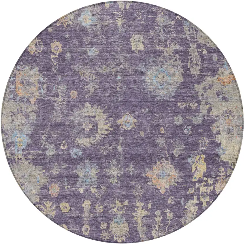 8' Plum Beige And Gray Round Floral Washable Indoor Outdoor Area Rug Photo 5