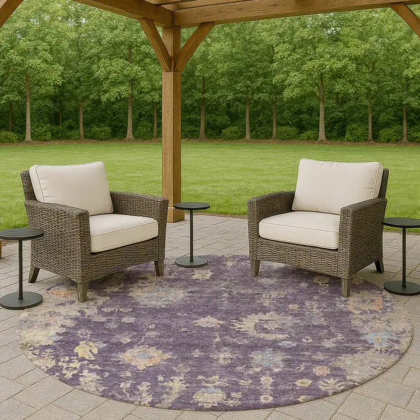 8' Plum Beige And Gray Round Floral Washable Indoor Outdoor Area Rug Photo 8