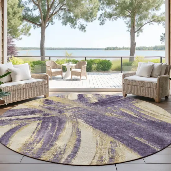 8' Plum Gold And Beige Round Abstract Washable Indoor Outdoor Area Rug Photo 4