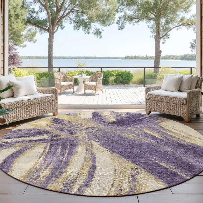 8' Plum Gold And Beige Round Abstract Washable Indoor Outdoor Area Rug Photo 4