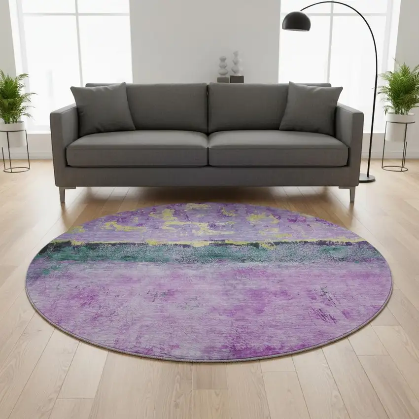 8' Plum Gold And Emerald Abstract Washable Round Rug With UV Protection Photo 2