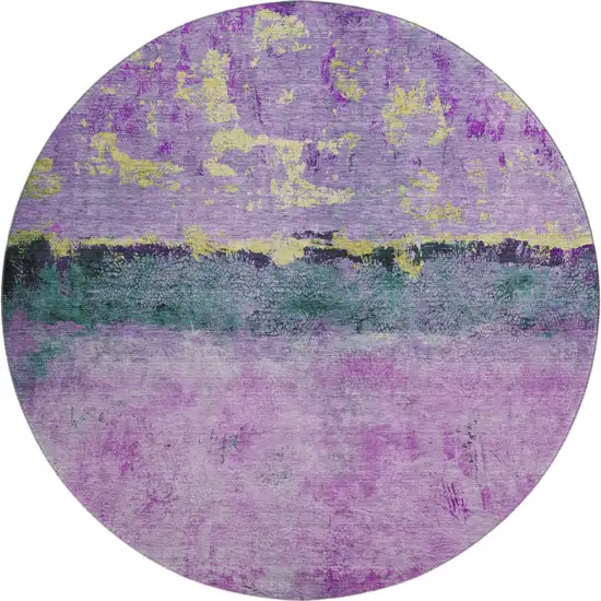 8' Plum Gold And Emerald Abstract Washable Round Rug With UV Protection Photo 1