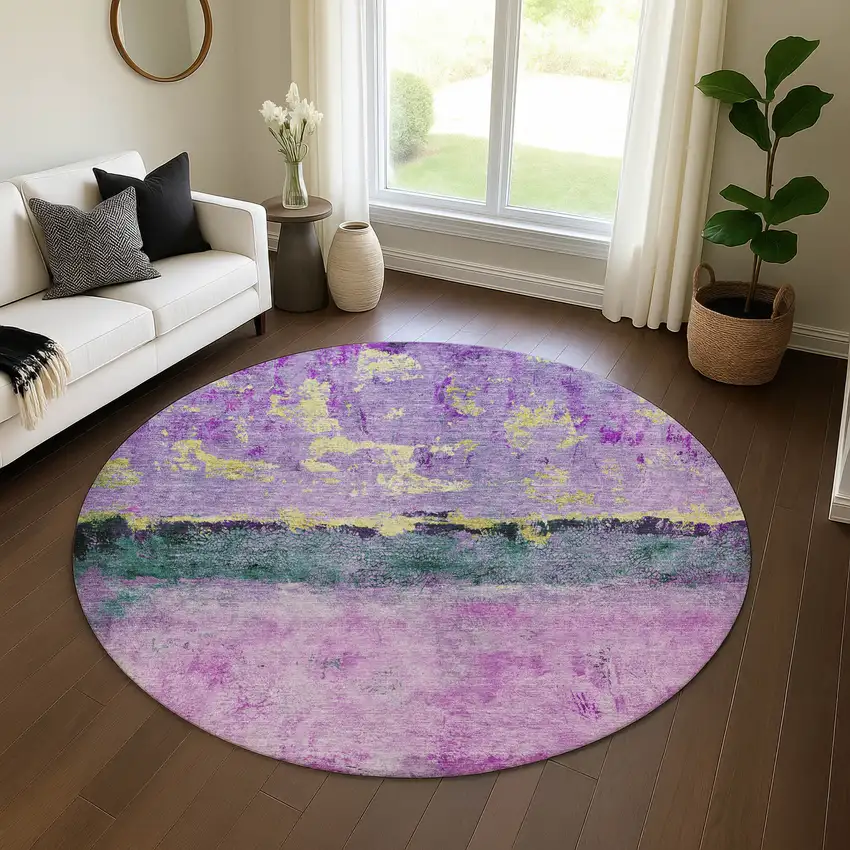 8' Plum Gold And Emerald Abstract Washable Round Rug With UV Protection Photo 4