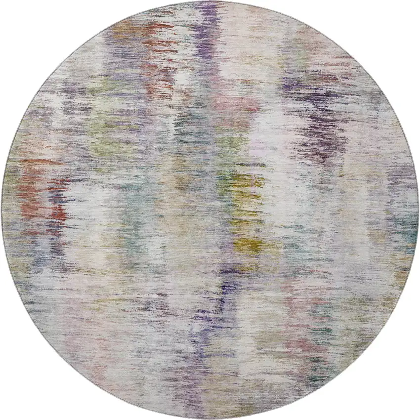 8' Plum Gold And Ivory Abstract Washable Round Rug With UV Protection Photo 4