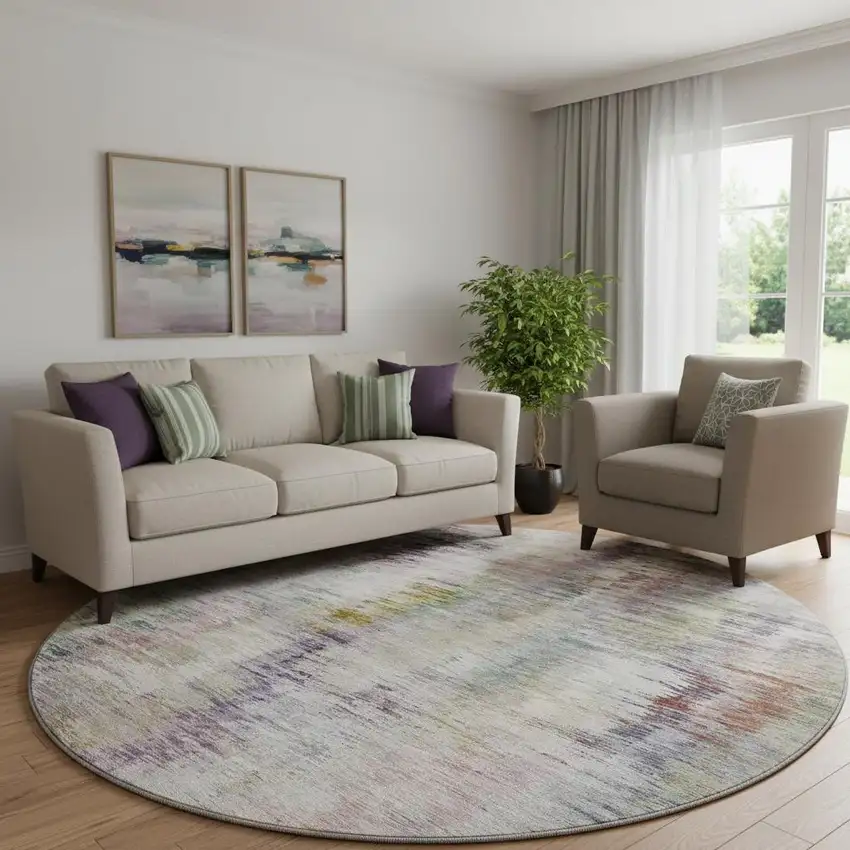 8' Plum Gold And Ivory Abstract Washable Round Rug With UV Protection Photo 1