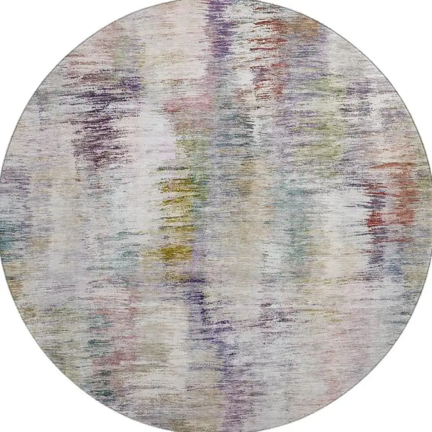 8' Plum Gold And Ivory Abstract Washable Round Rug With UV Protection Photo 3