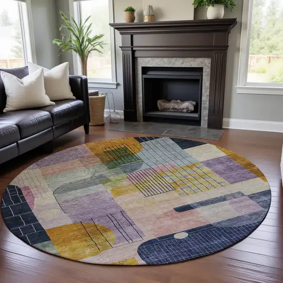 8' Plum Gold And Navy Blue Abstract Geometric Washable Round Rug With UV Protection Photo 4