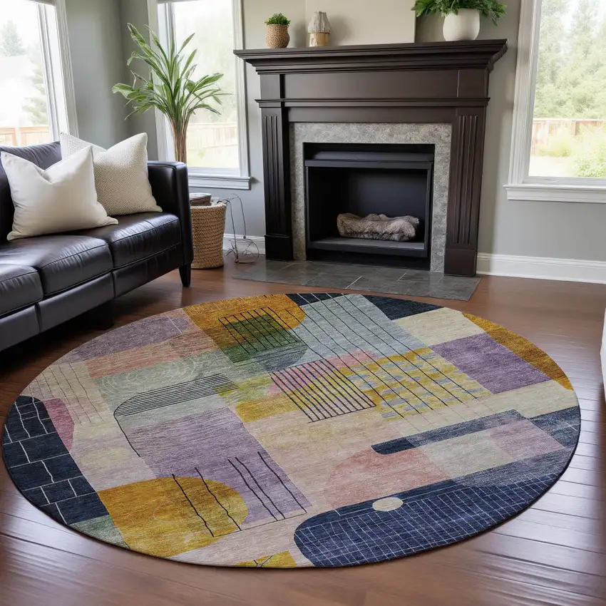 8' Plum Gold And Navy Blue Abstract Geometric Washable Round Rug With UV Protection Photo 4