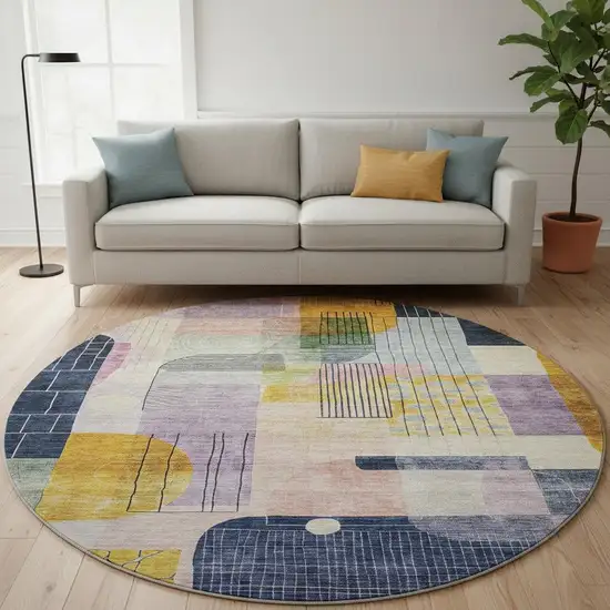 8' Plum Gold And Navy Blue Abstract Geometric Washable Round Rug With UV Protection Photo 2