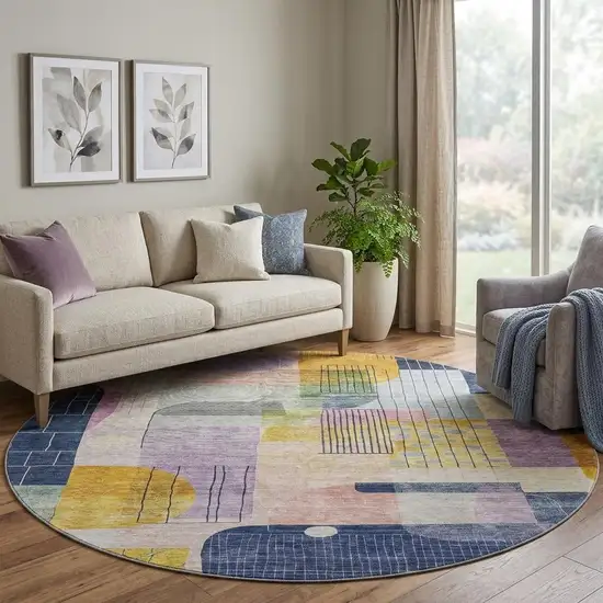 8' Plum Gold And Navy Blue Abstract Geometric Washable Round Rug With UV Protection Photo 1