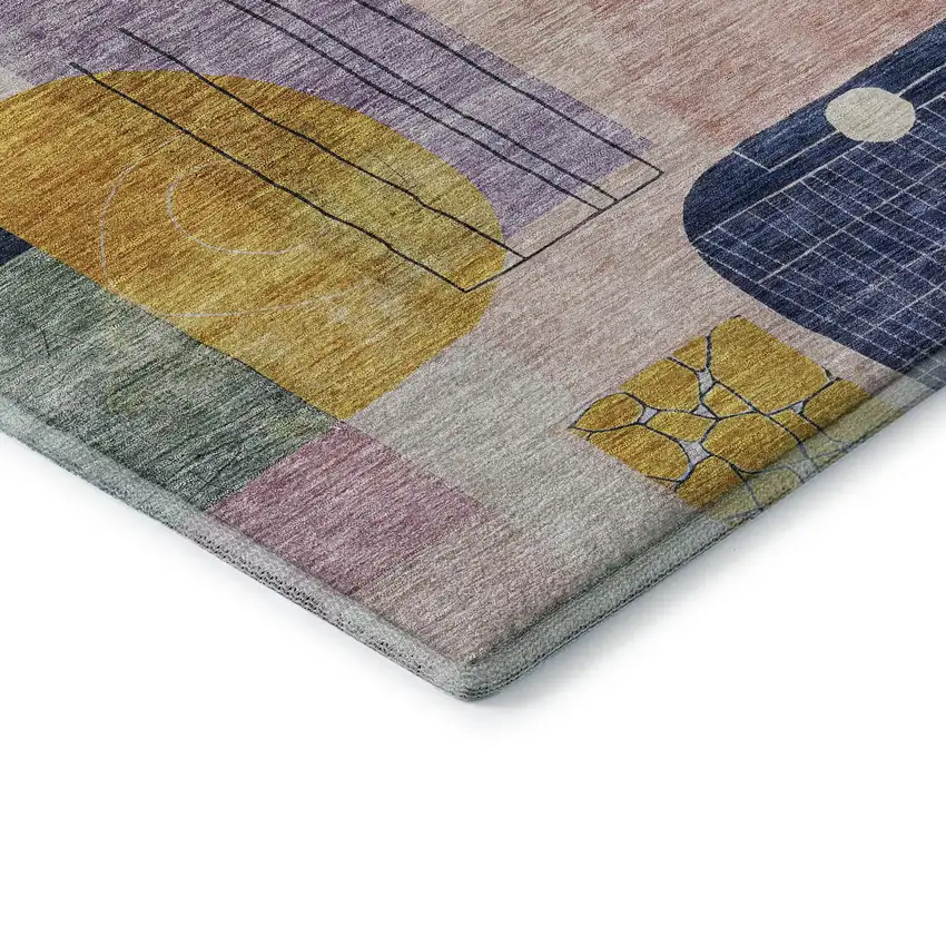 8' Plum Gold And Navy Blue Abstract Geometric Washable Round Rug With UV Protection Photo 6