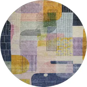 Photo of 8' Plum Gold And Navy Blue Abstract Geometric Washable Round Rug With UV Protection