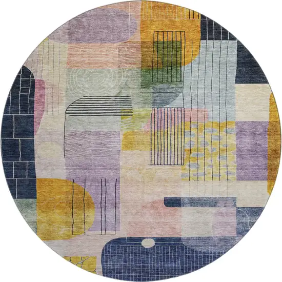 8' Plum Gold And Navy Blue Abstract Geometric Washable Round Rug With UV Protection Photo 1