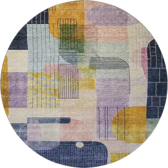 8' Plum Gold And Navy Blue Abstract Geometric Washable Round Rug With UV Protection Photo 3