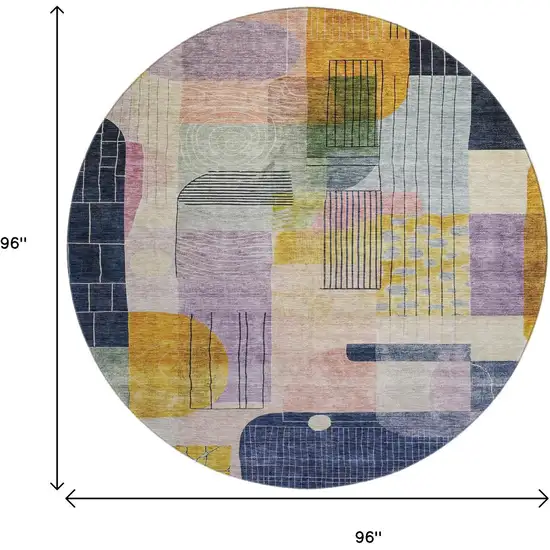 8' Plum Gold And Navy Blue Abstract Geometric Washable Round Rug With UV Protection Photo 9
