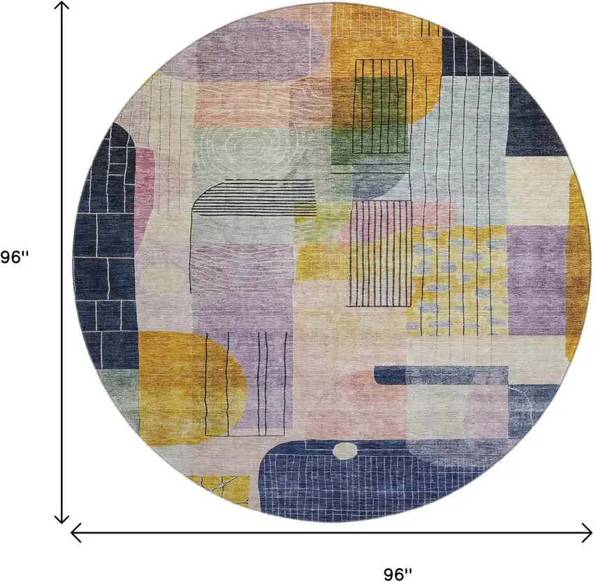 8' Plum Gold And Navy Blue Abstract Geometric Washable Round Rug With UV Protection Photo 9