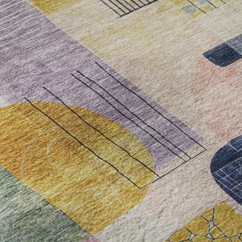 8' Plum Gold And Navy Blue Abstract Geometric Washable Round Rug With UV Protection Photo 8