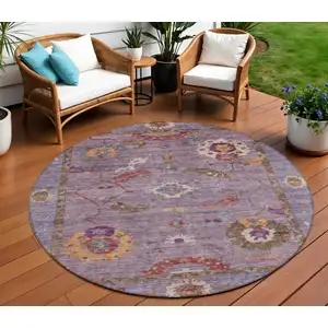 Photo of 8' Plum Gold And Red Round Floral Medallion Washable Indoor Outdoor Area Rug