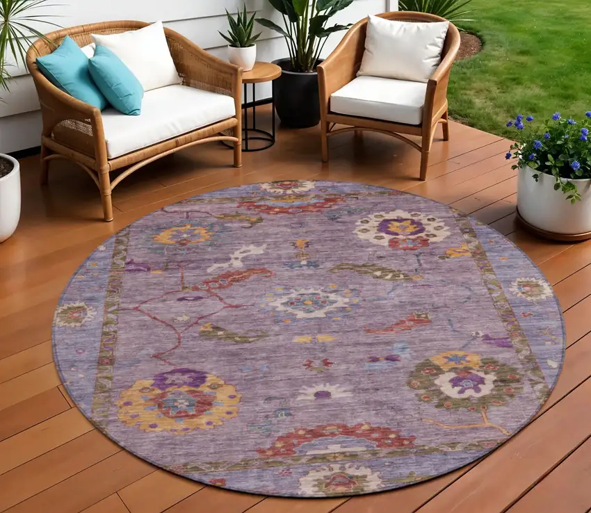 8' Plum Gold And Red Round Floral Medallion Washable Indoor Outdoor Area Rug Photo 1