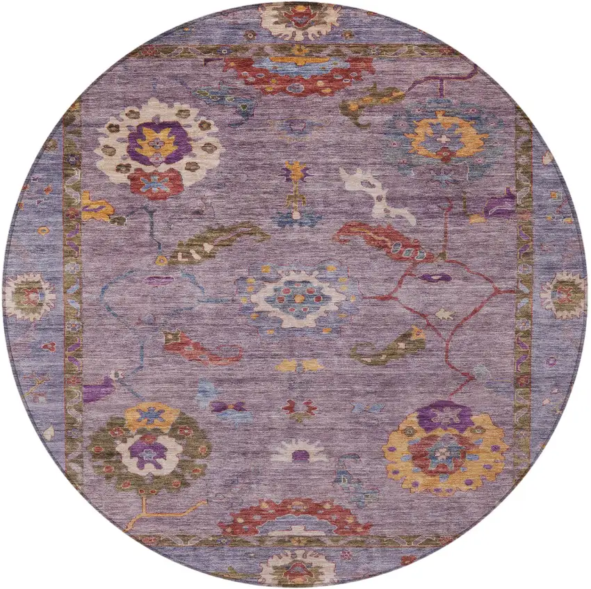 8' Plum Gold And Red Round Floral Medallion Washable Indoor Outdoor Area Rug Photo 4