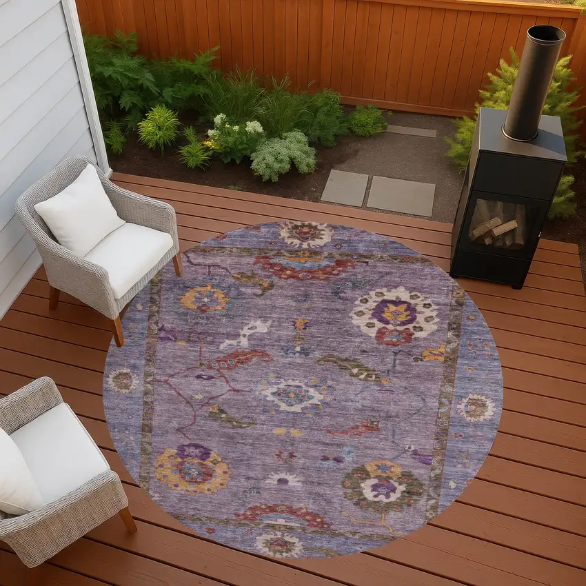 8' Plum Gold And Red Round Floral Medallion Washable Indoor Outdoor Area Rug Photo 8
