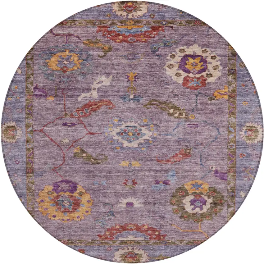 8' Plum Gold And Red Round Floral Medallion Washable Indoor Outdoor Area Rug Photo 2