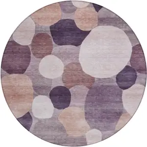 Photo of 8' Plum Gray And Ivory Round Geometric Washable Indoor Outdoor Area Rug