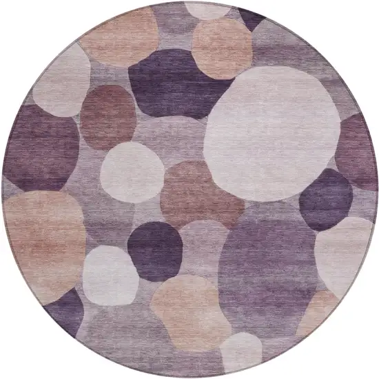 8' Plum Gray And Ivory Round Geometric Washable Indoor Outdoor Area Rug Photo 1