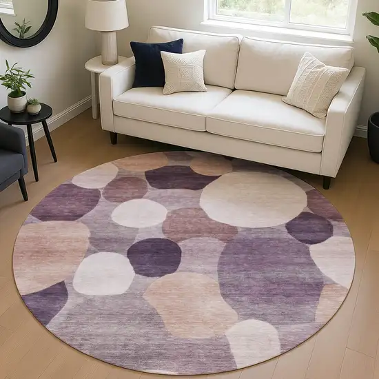 8' Plum Gray And Ivory Round Geometric Washable Indoor Outdoor Area Rug Photo 5