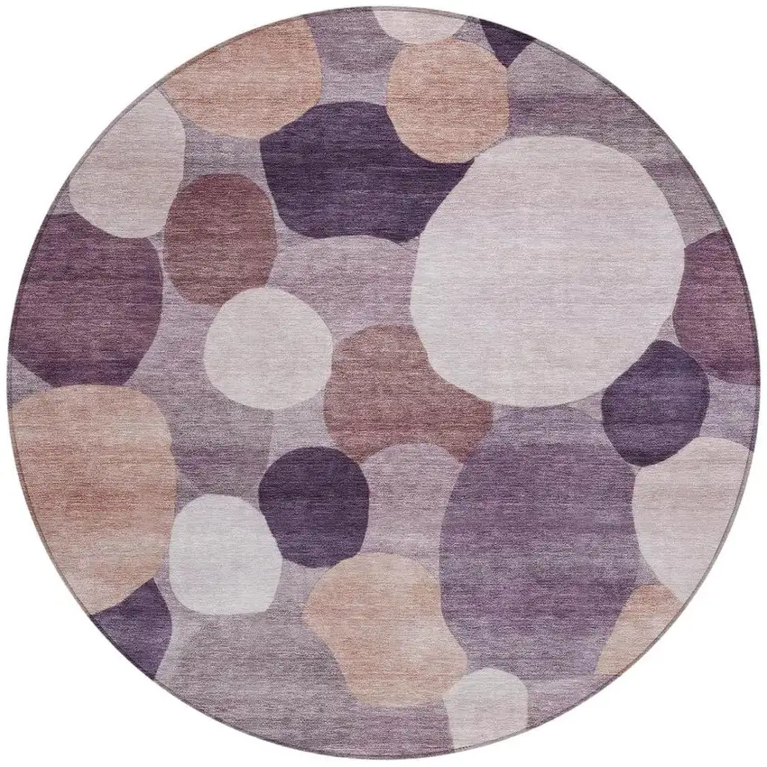 8' Plum Gray And Ivory Round Geometric Washable Indoor Outdoor Area Rug Photo 3