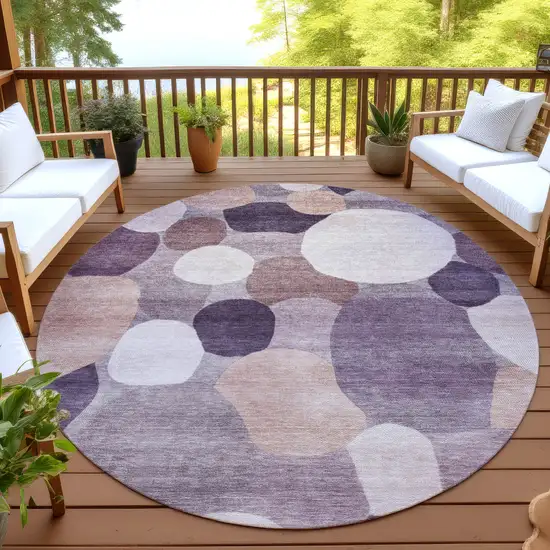 8' Plum Gray And Ivory Round Geometric Washable Indoor Outdoor Area Rug Photo 4