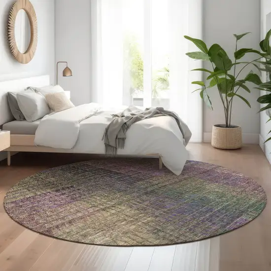 8' Plum Green And Brown Abstract Geometric Washable Round Rug With UV Protection Photo 5