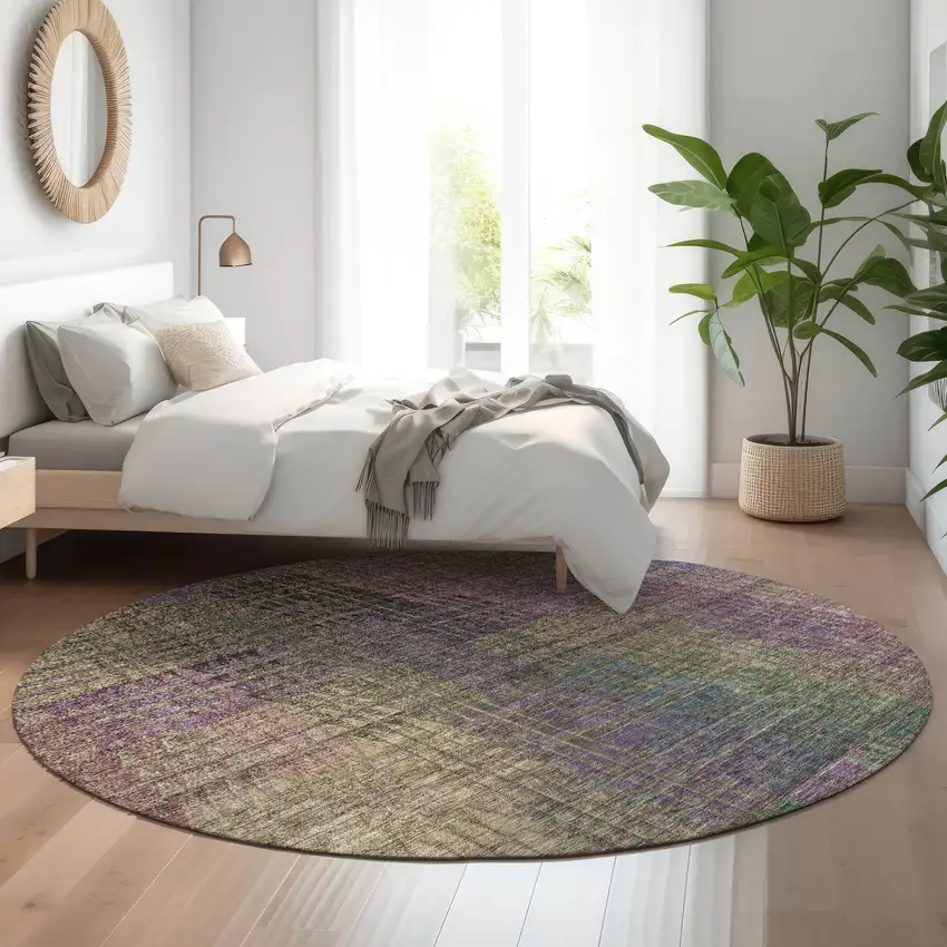 8' Plum Green And Brown Abstract Geometric Washable Round Rug With UV Protection Photo 5