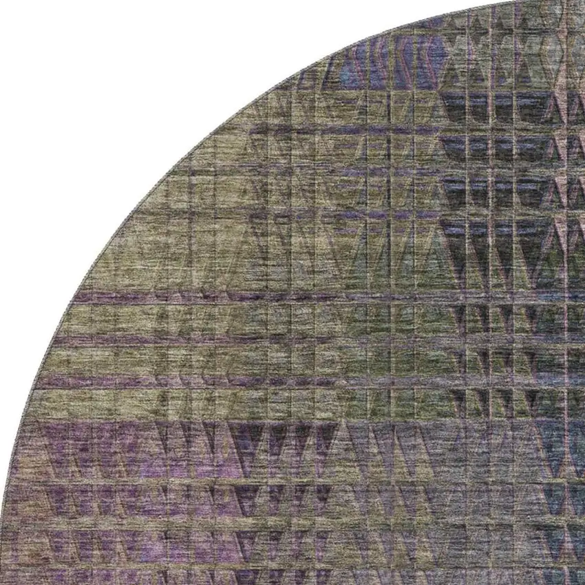 8' Plum Green And Brown Abstract Geometric Washable Round Rug With UV Protection Photo 4