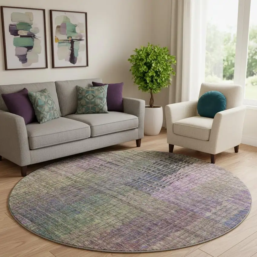8' Plum Green And Brown Abstract Geometric Washable Round Rug With UV Protection Photo 1