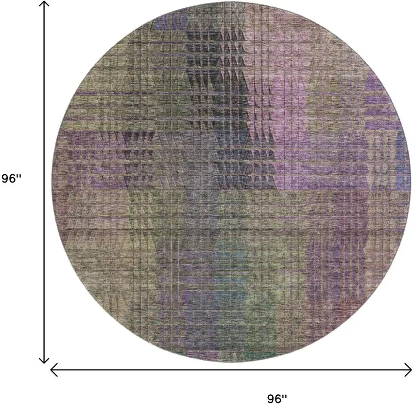 8' Plum Green And Brown Abstract Geometric Washable Round Rug With UV Protection Photo 3