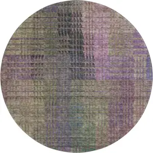 Photo of 8' Plum Green And Brown Abstract Geometric Washable Round Rug With UV Protection