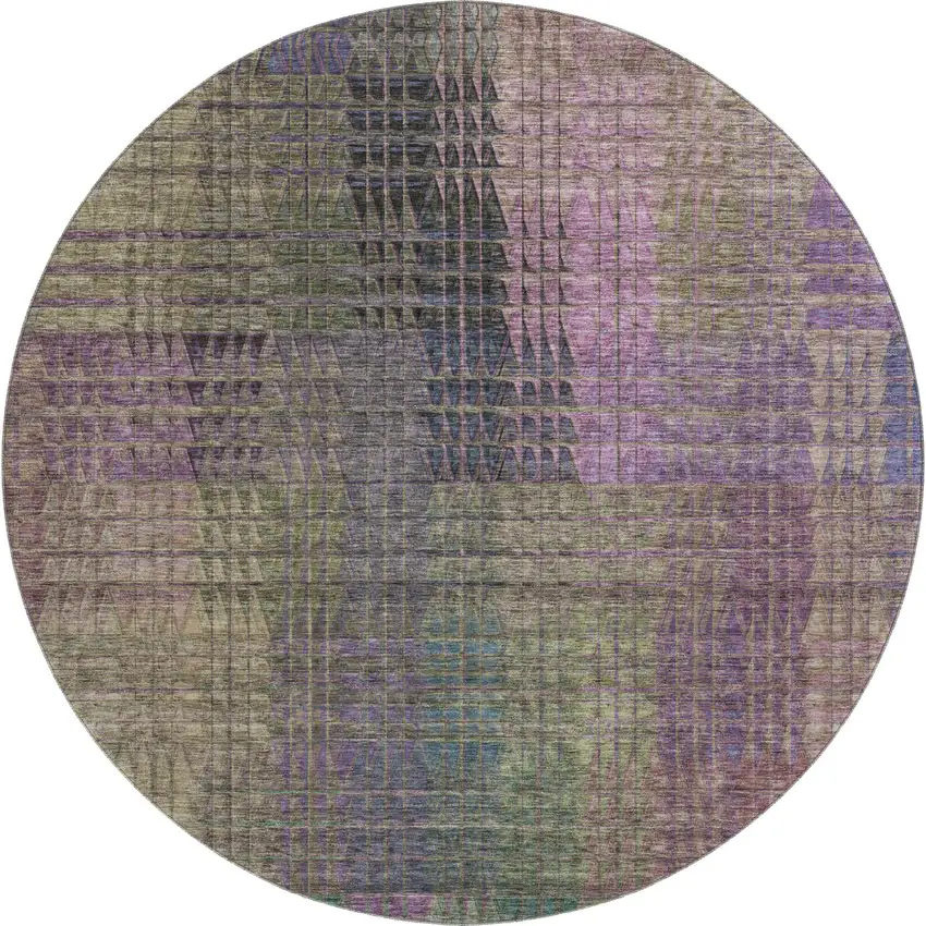 8' Plum Green And Brown Abstract Geometric Washable Round Rug With UV Protection Photo 1