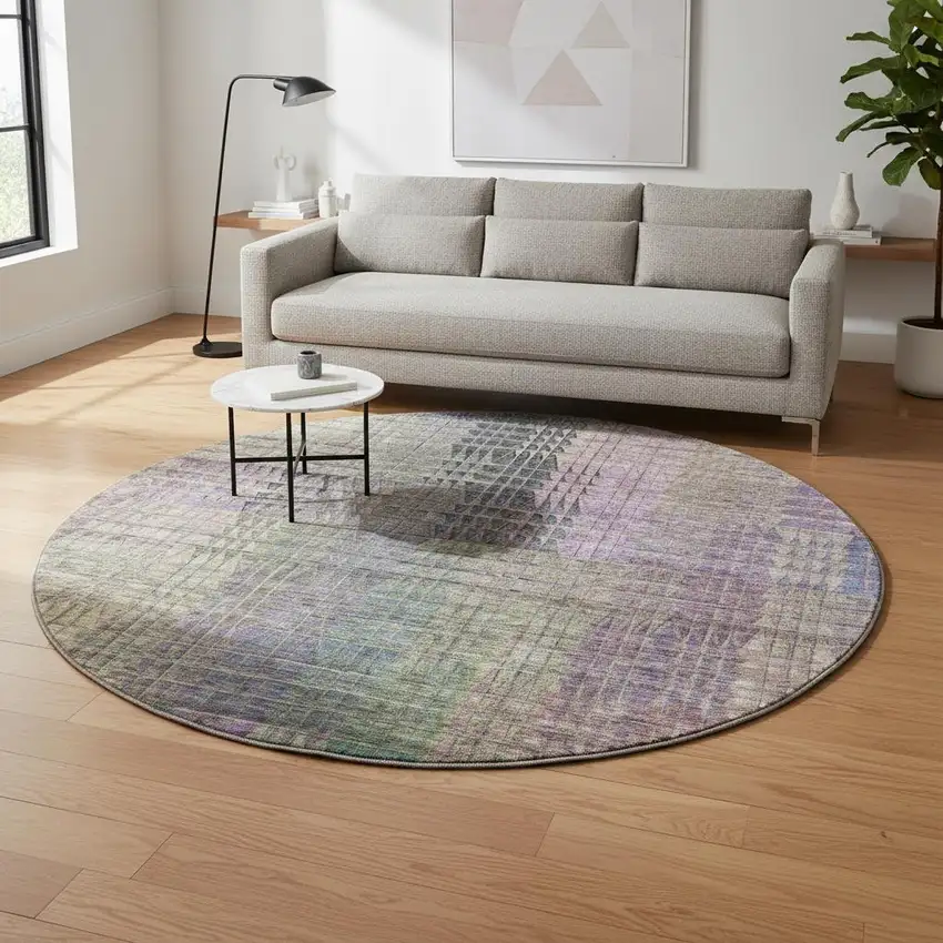 8' Plum Green And Brown Abstract Geometric Washable Round Rug With UV Protection Photo 2