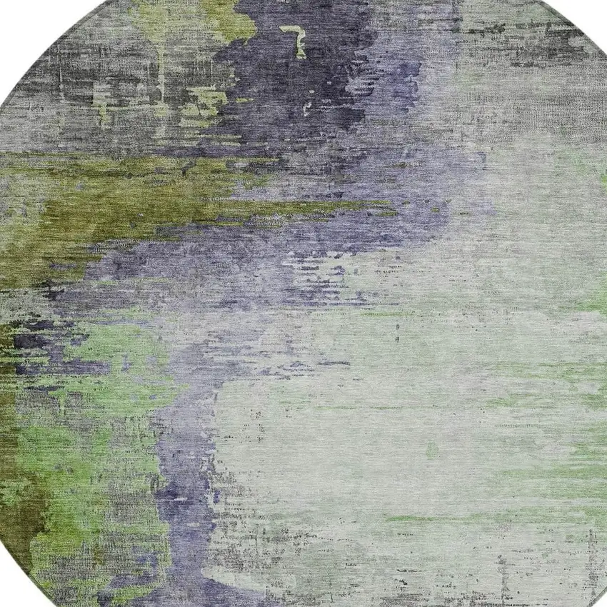8' Plum Green And Silver Round Abstract Washable Indoor Outdoor Area Rug Photo 4