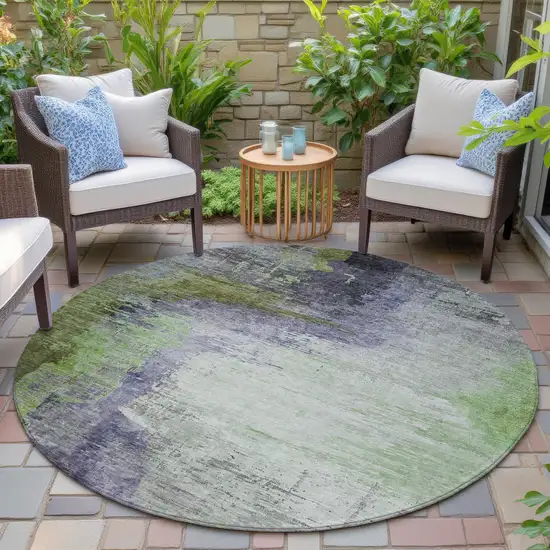 8' Plum Green And Silver Round Abstract Washable Indoor Outdoor Area Rug Photo 6