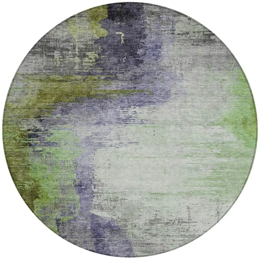 8' Plum Green And Silver Round Abstract Washable Indoor Outdoor Area Rug Photo 3