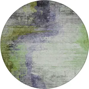 Photo of 8' Plum Green And Silver Round Abstract Washable Indoor Outdoor Area Rug