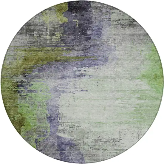 8' Plum Green And Silver Round Abstract Washable Indoor Outdoor Area Rug Photo 1